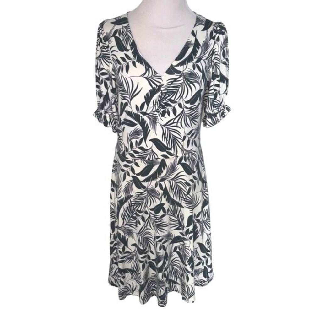 Boden Black White Leaf Print‎ V-Neck Short Sleeve Casual Dress Womens US 4R